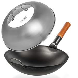 YOSUKATA Black Carbon Steel Wok Pan 14“ (Round Bottom) + Wok Lid 13.6 Inch – Premium Stainless Wok Cover with Tempered Glass Insert Steam Holes and Ergonomic Handle