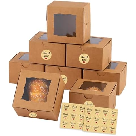 AISEY Brown Bakery Boxes, 4x4x2.5 Inches small cookie boxes with Window, Bulk Bakery Containers for cake, Cookies, Mini Pies, Cupcakes 20 Pcs Cover