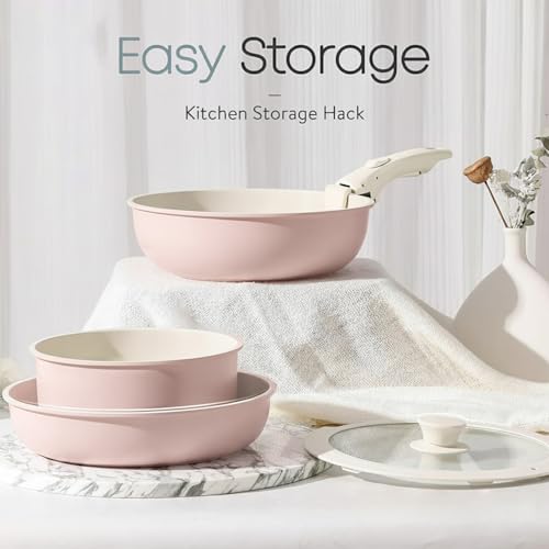 Image of House of Quirk Maifan Stone Nonstick Cookware Set 5-Piece | Detachable Handle Pots & Pans | Stackable, Induction & Oven Safe Kitchen Set (Granite Pink)
