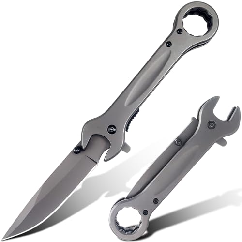 MADSMAUG Pocket Knife Unique Utility Pocket Folding Knife with 14mm and 19mm wrenchs Titanium plated Great Gift EDC Knife For Daily Work Outdoor Camping (Grey)