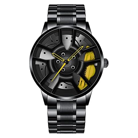 ZFVEN Hollow Stereoscopic Car Wheel Watch Men's Fashion Sport Rim Hub Wristwatch Quartz Mens Watch Birthday Holiday Christmas Gift (Yellow) Cover