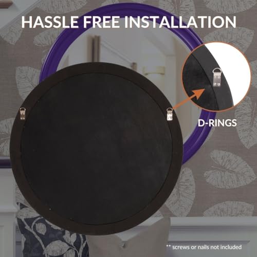 Image of Howard Elliott Collection George Round Glossy Royal Purple Wall Mirror, Bevelled Vintage Hanging Wood Framed Vanity Mirrors for Home Decor, Living Room, Bathroom, Bedroom, or Hallway, 36 Inch Round