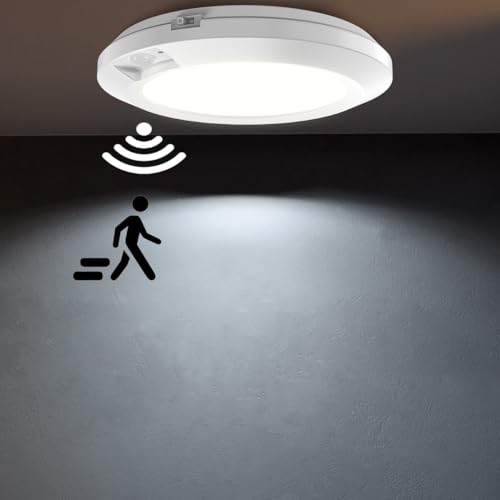 APCENS Battery Operated Motion Sensor Light Indoor 6.3 210LM 6000K Cool White Stick-on or Screw Mount for Ceiling/Wall for Closet Pantry Shed Cabinet Stairwell Hallway 1-Pack