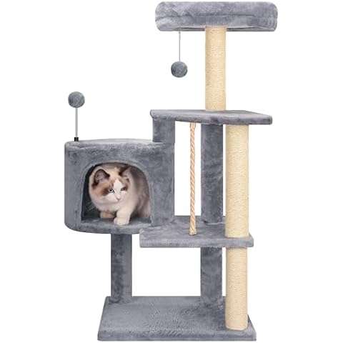 TINWEIUS Multifunctional Cat Tree for Indor Cats, Cat Tower with Cozy Condo, Perches, Scratching Posts and Hanging Rope, Grey Cover