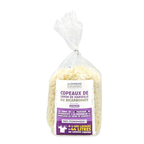 La Compagnie du Bicarbonate - Copeaux de Savon de Marseille Avec Bicarbonate de Soude 1kg - Lessive Main ou Machine - Dosette 50ml Réutilisable - À l'Huile Essentielle...