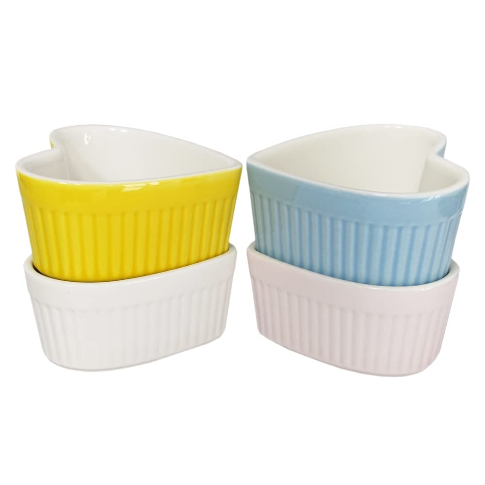 Sizikato Platos de porcelana blanca en forma de corazón, ramequines, 3.6 pulgadas para soufflé, crema brulee y salsas de inmersión, juego de 4