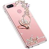 Uposao Kompatibel mit Xiaomi Mi 8 Lite Handyhülle Strass Diamant Bling Glitzer Spiegel Schutzhülle Mirror Case Schmetterling Blumen Silikon Hülle Tasche mit Ring Halter Ständer,Rose Gold