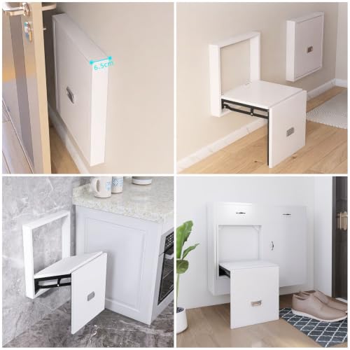 Taburete plegable de pared blanco, asiento abatible de madera para entrada 4