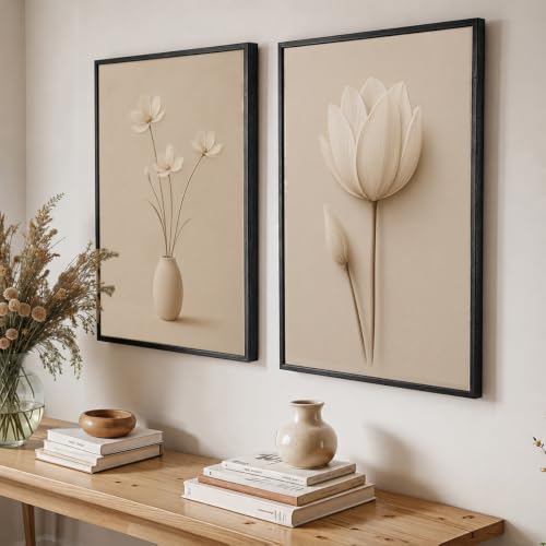 Image of NoWorries Minimal Lotus Flower Wall Painting Set of 2 with Frame | Soft White Floral & Vase Botanical Artwork, Neutral Beige Nature Wall Decor for Living Room, Bedroom, Office and Home Decoration (Art-15, 10x13inch)