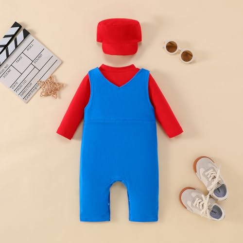 Toddler Halloween Costume Plumber Costume Shirt Blue Bib Overalls Pant Set With Hat Bro Outfits for Baby Boys Girls3