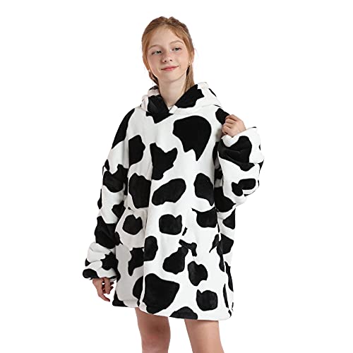 Wearable Blanket Hoodie For Kids Girls Boy 4-12Yr Cute Animal Oversized Hooded Sweatshirt Super Soft Flannel With Pockets Cow #TOP1