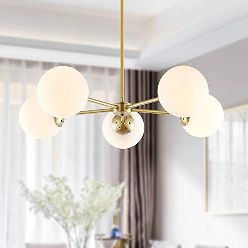 Light Society Grammercy 5-Light Chandelier Pendant, Brushed Brass With White Frosted Globes, Classic Mid Century Modern Lighting Fixture (Ls-C228-Brs-Whi) #TOP4