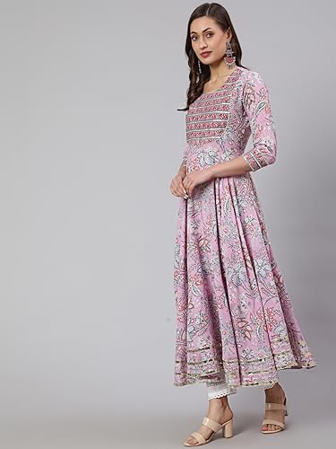 Image of Women Cotton Printed Round Neck 3 /4 Sleeve Flared Kurta
