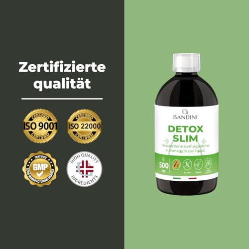 Bandini® DETOX SLIM 500ml Flüssigkeit | Entwässernd, verdauungsfördernd, antioxidativ, leberreinigend | Natürliche Ergänzung von Grünem Tee, Löwenzahn, Heidelbeere, Pilosella, Birke und Papaya | Vegan