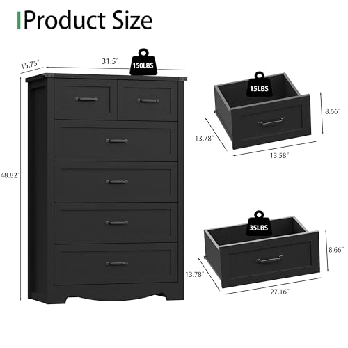 Image of Dresser for Bedroom with 6 Drawers, 49 inch Tall Wood Chest of Drawers with Deep Drawers & Mental Handle, Modern Dresser TV Stand, Wooden Closet Storage Organizer for Living Room, Hallway, Entryway, Black