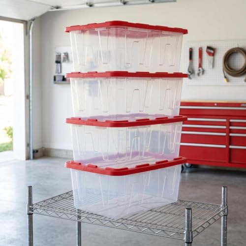 CLMSTE Pack of 4 Clear Storage Bins with Red Snap Lids, 27 Gallon Plastic Totes for...