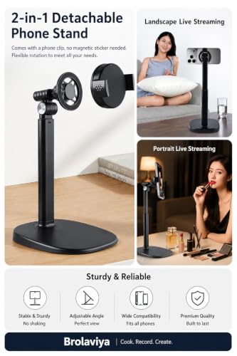 Image of BROLAVIYA 2-in-1 Magnetic & Clip Phone Stand for Desk, Adjustable Height Mobile Holder, MagSafe-Compatible Mount with Phone Clamp, 360 Rotation for Live Streaming, Recording, Video Calls & Cooking