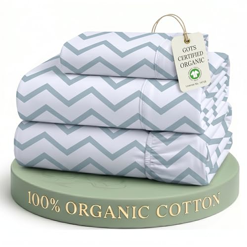 Image of LANE LINEN Twin Sheets Set 100% Organic Cotton GOTS Certified Percale Weave Deep Pocket 3 Piece Soft Breathable Cooling Lightweight All Season Machine Washable Crisp - Chevron-Cool Blue