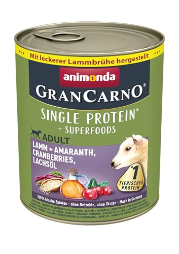 animonda GranCarno Hunde Nassfutter Superfoods Lamm + Amaranth (6x800g), getreidefreies Hundenassfutter ohne Zucker, für ausgewachsene Hunde, mit frischen fleischigen Zutaten