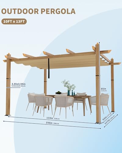 Image of KYBOLT 10x13 Ft Outdoor Pergola with Retractable Canopy Upgraded Aluminum Faux Wood Grain Patio Pergola for Modern Backyard Deck Porch Grape Trellis(Khaki)