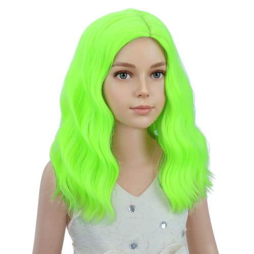 Image of PATTNIUM Neon Green Wig for Kids Girls Short Green Curly Wavy Wigs Side Part Shoulder Length Heat Resistant Synthetic Wig Halloween Cosplay Costume Party Wigs
