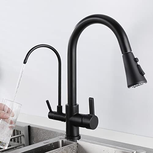 Grifo de cocina de 3 vías con rociador extraíble y caño giratorio de latón negro 2