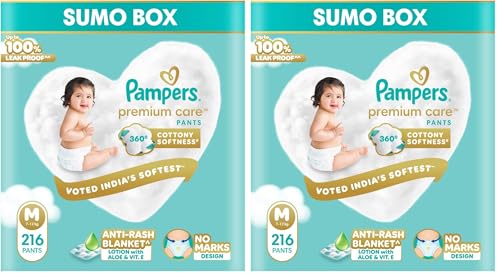Image of Pampers Premium Care Pant Style Baby Diapers M 216 Count | No Marks Design | Voted India's #1 Softest Diaper | All in 1 diaper with 360 Cottony Softness (Pack of 2)