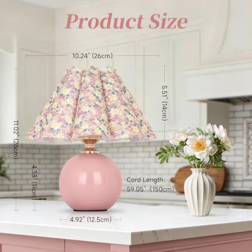 EZMakaLam Pink Ceramic Small Table Lamp for Small Space, Cute Bedside Lamps Nightstand Mini Lamps, Scalloped Shade Lamp for Kitchen Counter, Bookshelf, Kids Dorm