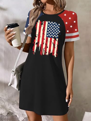 Image of YI XIANG RAN 4th of July Dress Women: American Flag Dresses USA Stars Stripes Shirt Patriotic Tshirt Summer Sundress