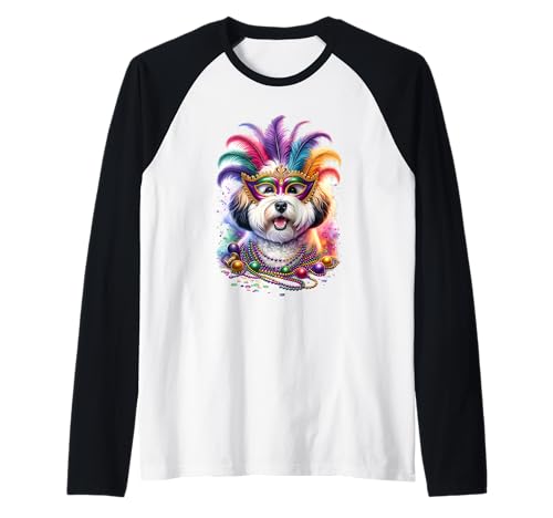 Mardi Gras Coton de Tulear Dog Opere d'Arte Maglia con Maniche Raglan
