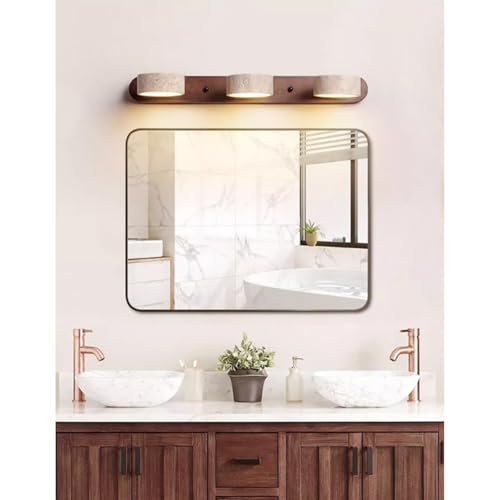 Image of Natural Stone Vanity Light Fixture Farmhouse Wood Linear Wall Sconce Yellow Travertine 2 /3 /4-Light Bathroom Light Fixtures Over Mirror 180 Rotatable LED Picture Light