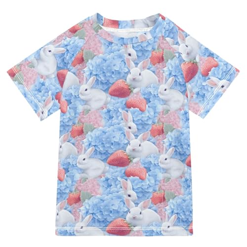 ALAZA Kids Rash Guard Girls Toddler Swim Shirts Short Sleeve Rabbit Hydrangea Strawberry UPF 50+ 3T