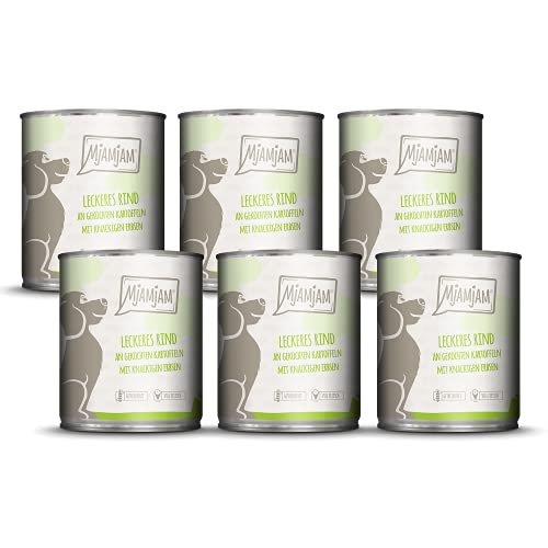 MjAMjAM - Premium Nassfutter für Hunde - leckeres Rind an gekochten Kartoffeln mit knackigen Erbsen, 6er Pack (6 x 800 g), getreidefrei mit extra viel Fleisch