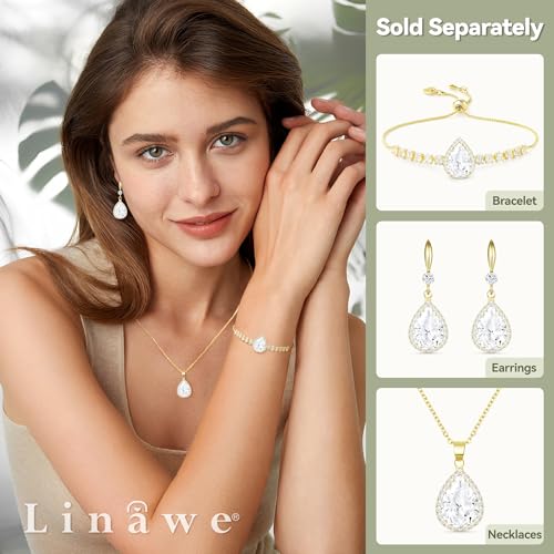 Linawe Imitation Diamond Dangle Earrings for Women Trendy, Rhinestone Drop Chandelier Earrings, Teardrop Crystal Cubic Zirconia Wedding Jewelry Set, 14K Gold/Rose Gold/Silver Tone3