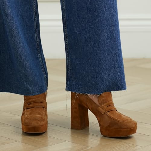 Women Chunky High Heel Platform Loafers Closed Square Toe Heels Suede 4" Block Heel Penny Loafers Pumps Platform Slip On Dress Heels 4-11 M US2