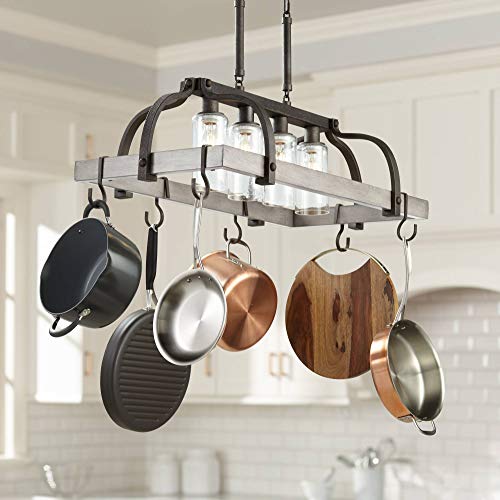 Marsden Bronze Gray Wood Rectangular Pot Rack Pendant Chandelier 36