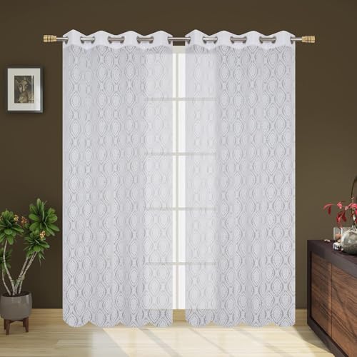 Image of Fabrilia Polyester Sheer Net Damask Design Semi Transparent Eyelet Long Door Curtains 9 feet Set of 2- White