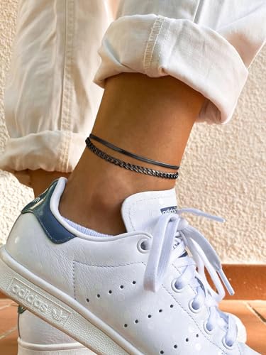 Image of FindChic Black /Silver /Gold Plated Anklets Set of 2PCS /3PCS Herringbone Chain Cuban Link Heart Charm Sparkling Tennis Ankle Bracelets, Waterproof Summer Foot Jewelry for Beach