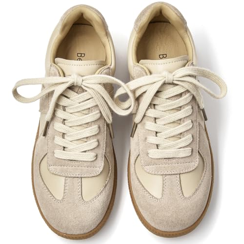 BEAU TODAY Fashion Sneakers Women, Leather Flat Sneakers, Casual Lace Up Retro Comfortable Shoes for Tennis Walking Runnig Trainer3