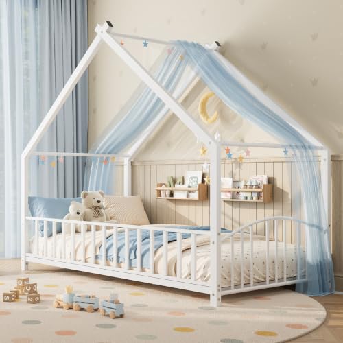 Image of Garvee Twin Size House Shape Bed Frame with Rail, White