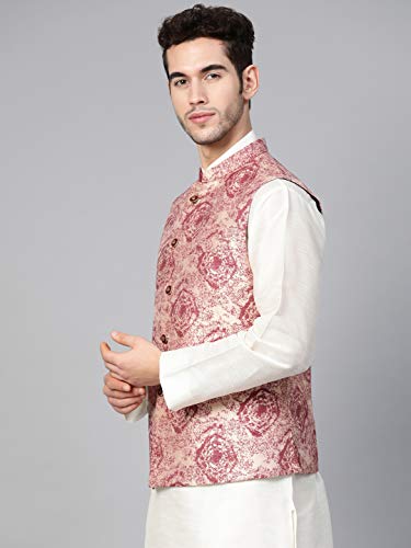 Image of MANQ Men Fawn Woven Jaquard Silk Nehru Jacket