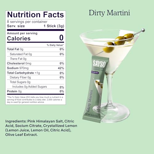 Image of SAYSO Dirty Martini Cocktail Sticks | Craft Cocktail or Mocktail in 1 Min, Just Add Water + Spirits (0g Sugar, 0 Calories, Vegan, Gluten-Free, Kosher, Non-GMO), 8 Single-Serve Mixers