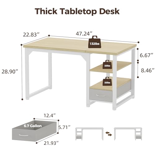 Image of Mericonia 48 in Computer Desk with Drawer, 1 inch Thick Reversible Office Desk | Modern Writing Table with Storage Shelves, Heavy Duty Industrial Study Desk for Home Bedroom Work