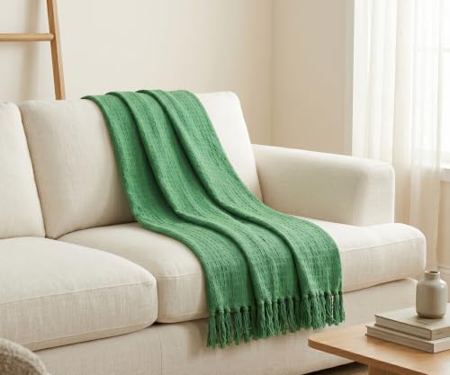 Image of Furnistitchs Bohemian Cotton Sofa Throw Blanket 50x60 inches | Waffle Knit & Chevron Pattern with Fringes | Aesthetic Decorative Couch Throw for Living Room & Bedroom (Forest Green)