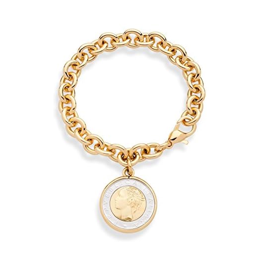 Miabella 18K Gold over Bronze Italian Genuine 500-Lira Coin Charm Rolo Link Chain Bracelet for Women Made in Italy