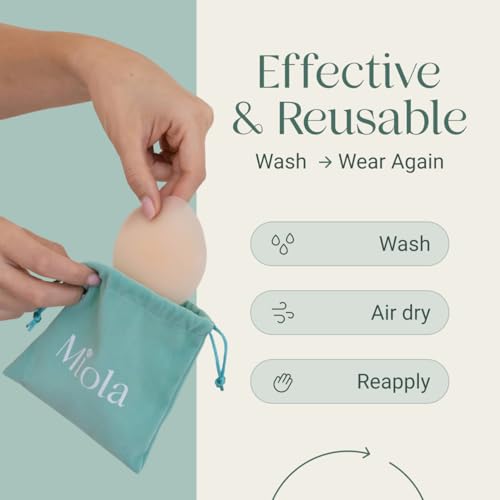 Image of Miola Nipple Covers for Women - Non-Adhesive, Reusable, Silicone, 60+ Wears | Medical Grade, Hypoallergenic, Body-Heat Grip, No Residue, Invisible, Waterproof, A-D+ Fit, 3 Shades, Travel Pouch Included