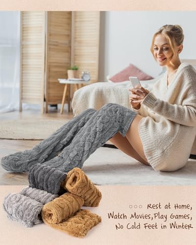 Image of Geyoga 3 Pairs Over Knee Fuzzy Socks High Fuzzy Leg Warmers Over Knee Plush Slipper Socks for Women Christmas Sleeping