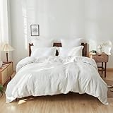 Simple&Opulence 100% Linen Duvet Cover Set, 3 PCS Natural French Flax White Duvet Cover Queen Size, Breathable Soft Comfy Linen Bedding Comforter Cover with 2 Pillowcases(White, 88