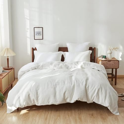 Simple&Opulence 100% Linen Duvet Cover Set, 3 PCS Natural French Flax White Duvet Cover Queen Size, Breathable Soft Comfy Linen Bedding Comforter Cover with 2 Pillowcases(White, 88