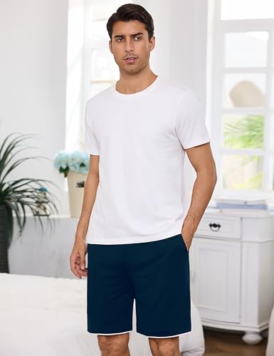 Leversic Spodenki od piżamy męskie krótkie spodnie Bermudy do piżamy lekkie elastyczne spodenki domowe na co dzień z kieszeniami S-XXL, granatowy, XL